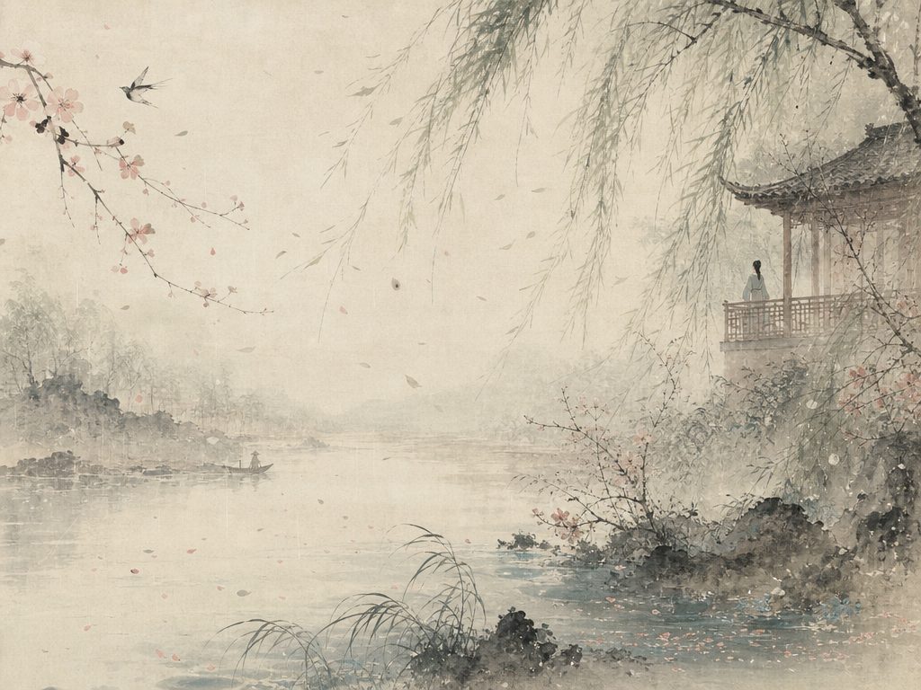 《水龙吟》水墨写意背景插图：婉约柔美，风、莺、园、落红。