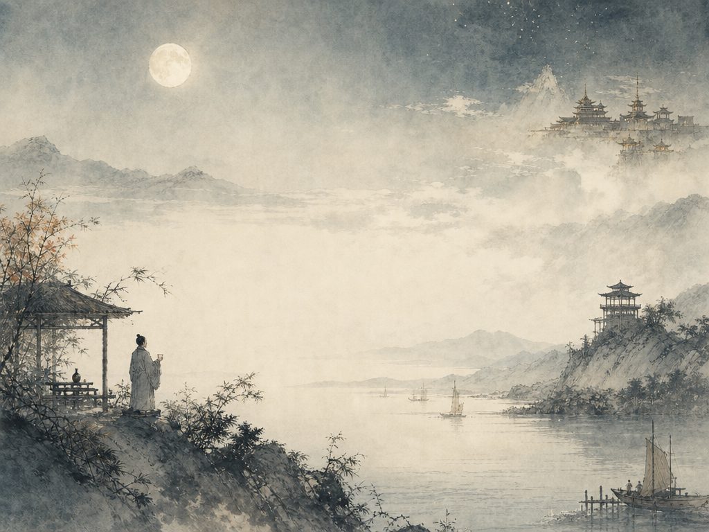 《水调歌头》水墨写意背景插图：离愁别绪，明月、酒、宫、风。