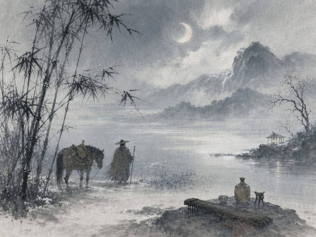 《定风波》水墨写意背景插图：清冷孤寂，竹、马、烟、雨。