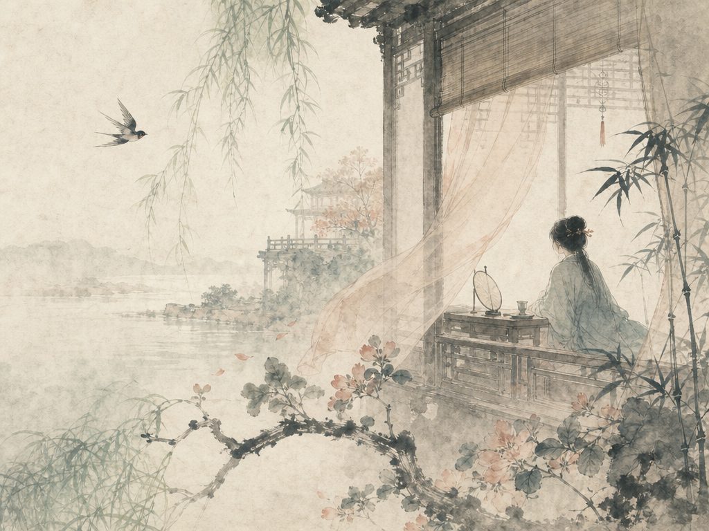 《贺新郎》水墨写意背景插图：婉约柔美，燕、桐、扇、帘。