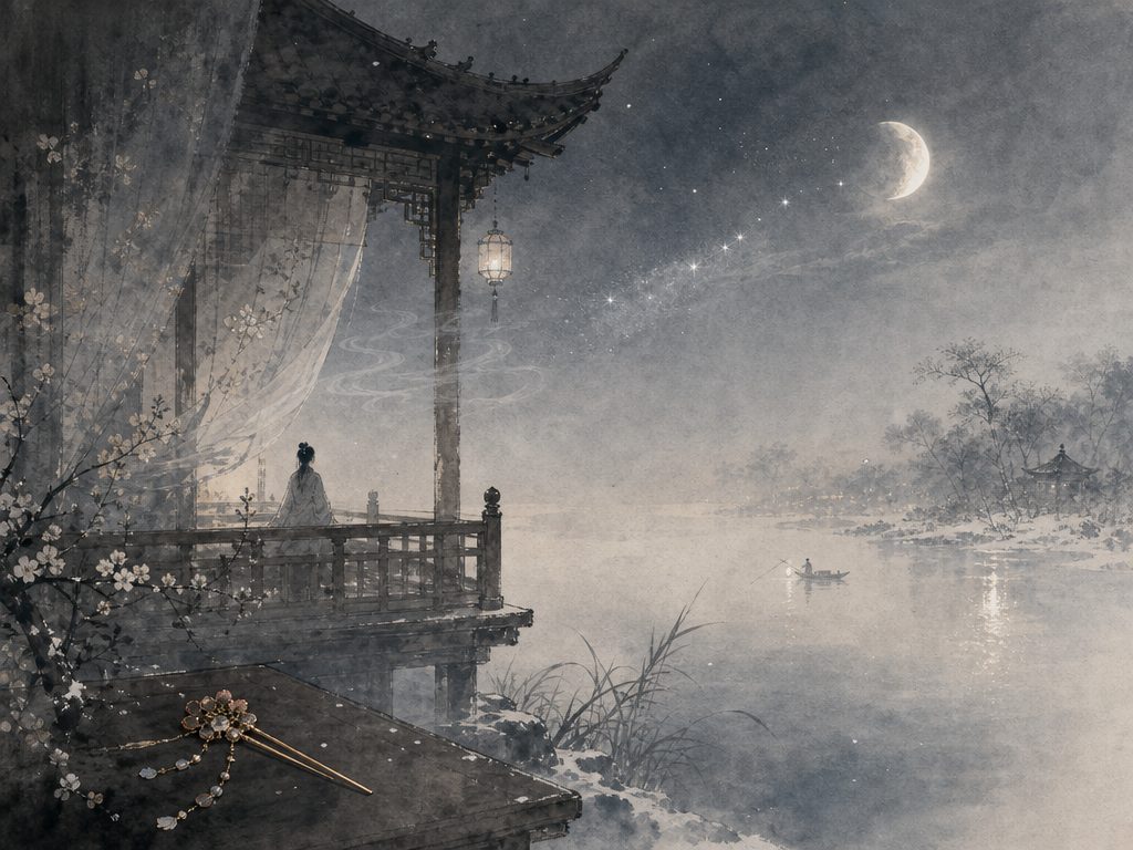 《洞仙歌》水墨写意背景插图：清冷孤寂，水、香、绣帘、明月。