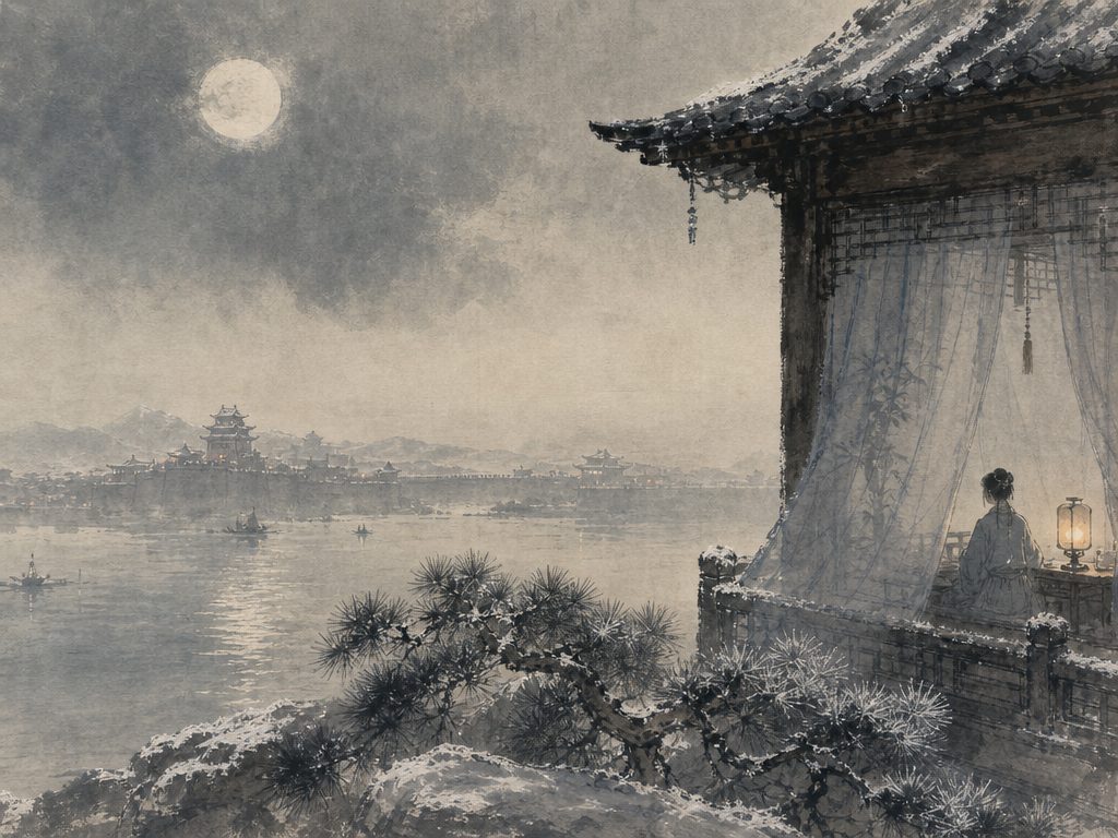 《江神子・江城子》水墨写意背景插图：清冷孤寂，城、江、霜、窗。