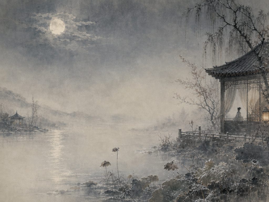 《永遇乐》水墨写意背景插图：清冷孤寂，明月、霜、风、水。