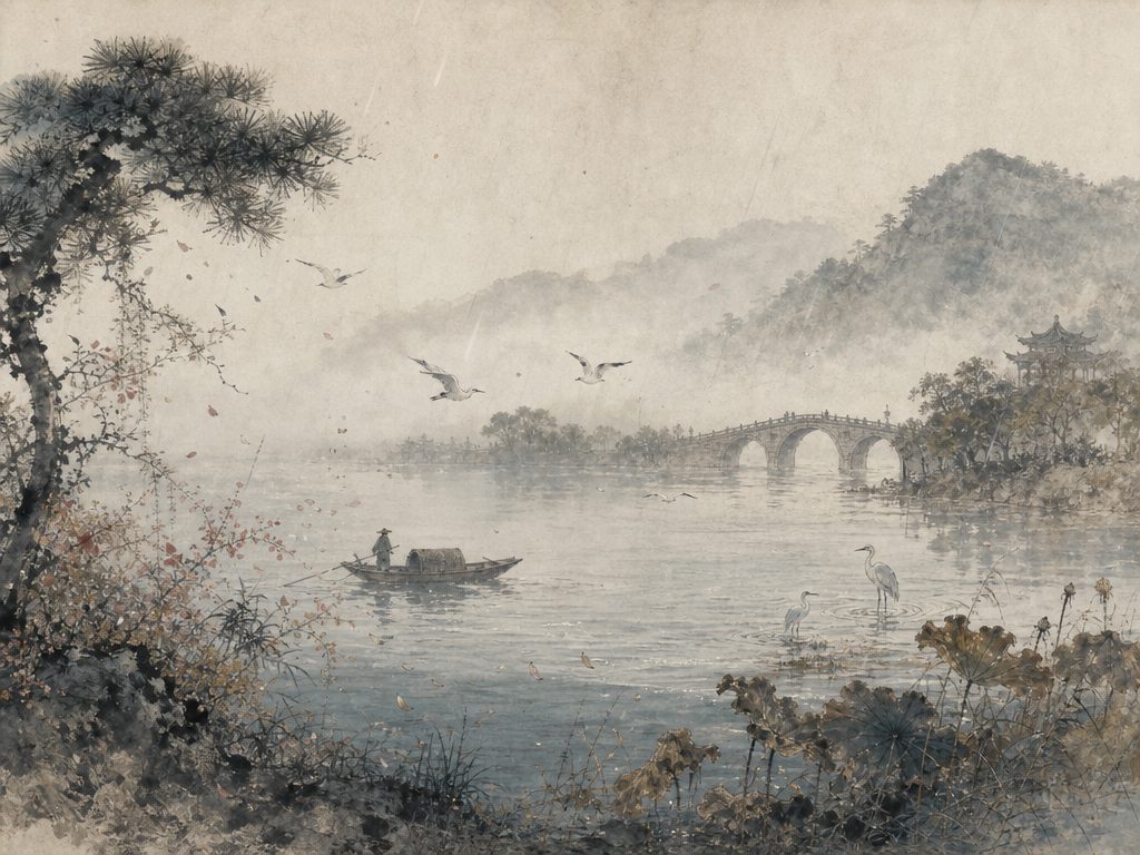《青玉案》水墨写意背景插图：伤春悲秋，松、江、渡、鸥。
