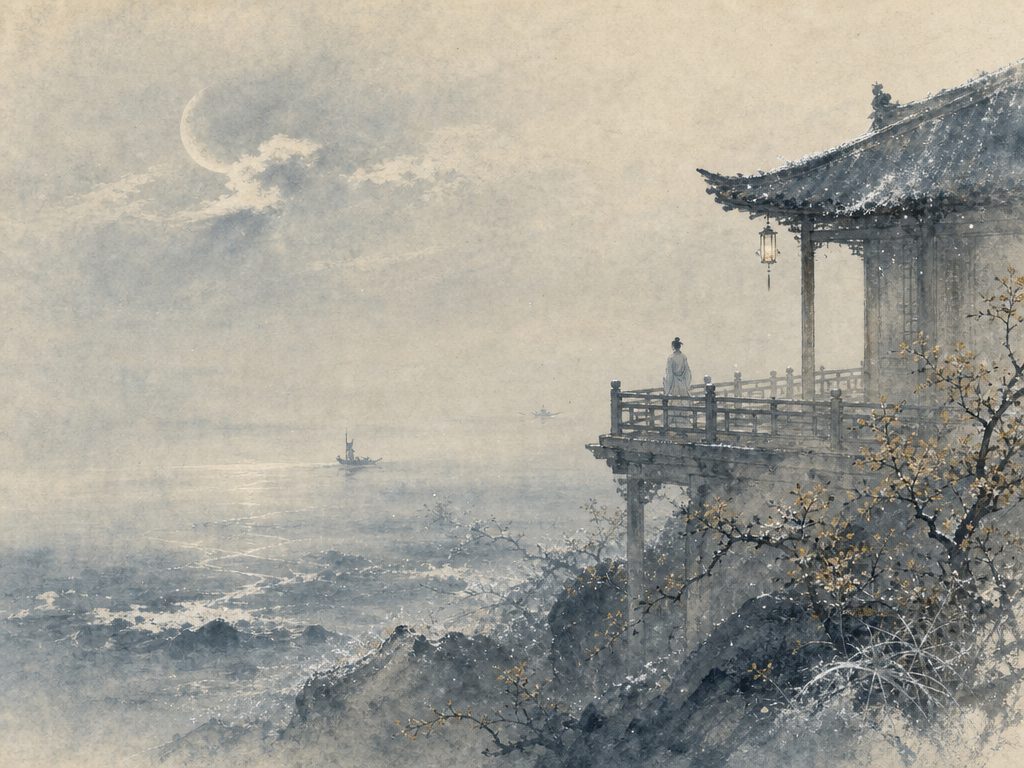 《绿头鸭・多丽》水墨写意背景插图：清冷孤寂，云、海、桂、露。