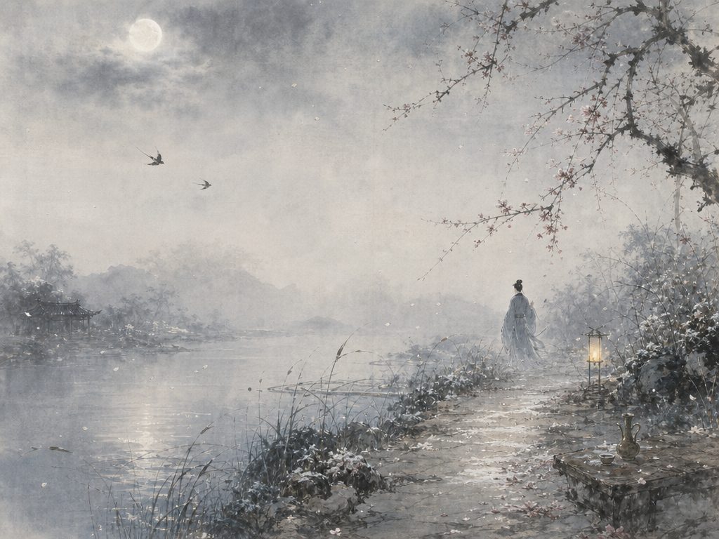 《谢池春》水墨写意背景插图：清冷孤寂，疏雨、花、径、风。