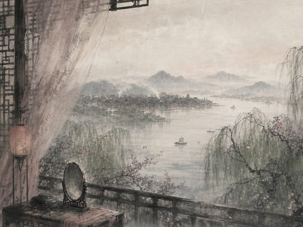 《渔家傲》水墨写意背景插图：闺怨相思，雨、风、杨柳、烟。