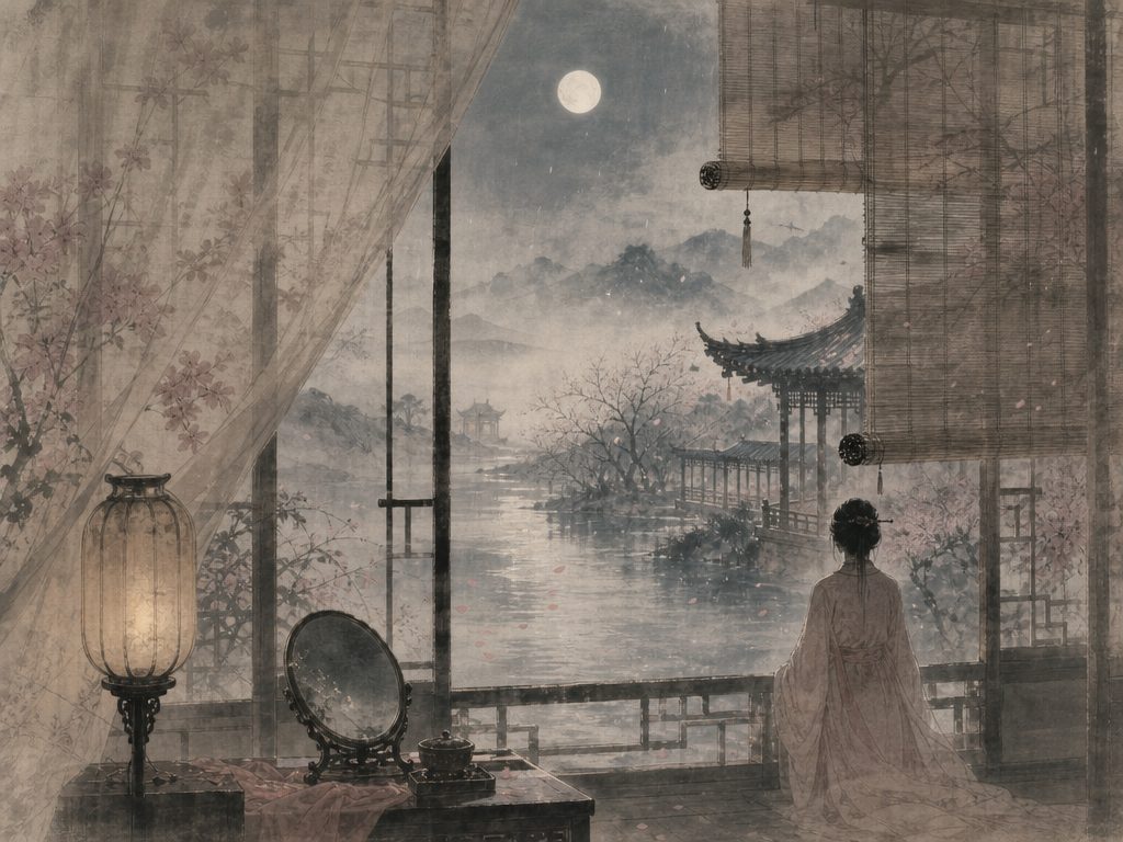《浣溪沙》水墨写意背景插图：闺怨相思，小楼、烟、水、屏。