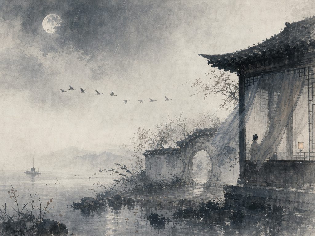 《阮郎归》水墨写意背景插图：清冷孤寂，风、雨、庭院、雁。