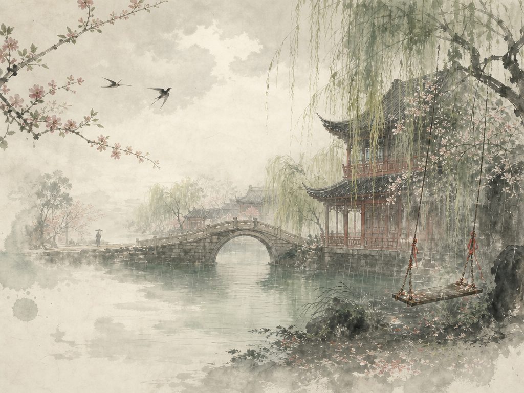 《满庭芳》水墨写意背景插图：婉约柔美，云、雨、台、燕。