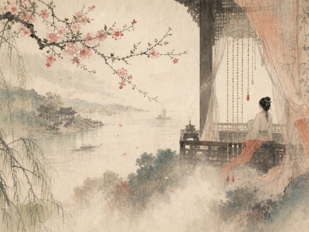 《蝶恋花》水墨写意背景插图：婉约柔美，罗衣、珠帘、杏、花。