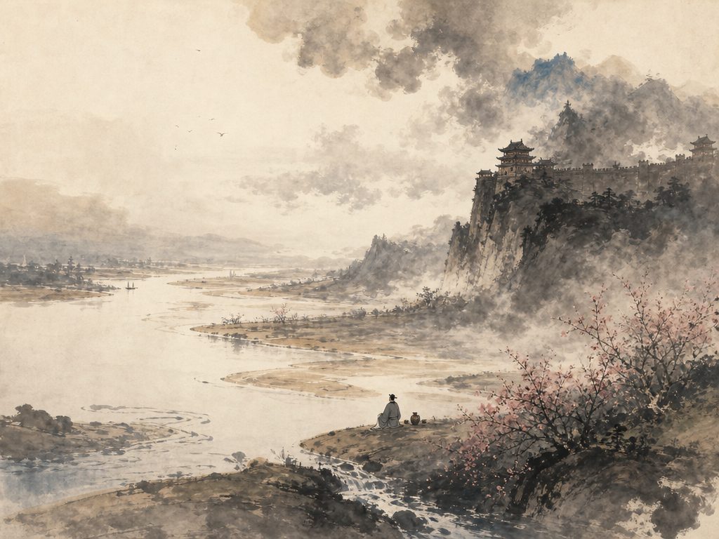 《醉中真・浣溪沙》水墨写意背景插图：豪放壮阔，沙、溪、花、酒。