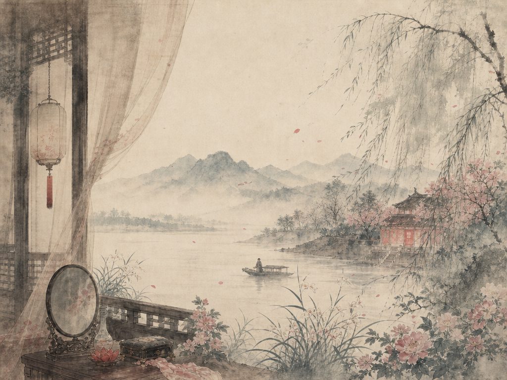 《人南渡・感皇恩》水墨写意背景插图：闺怨相思，兰、芳洲、风、柳。