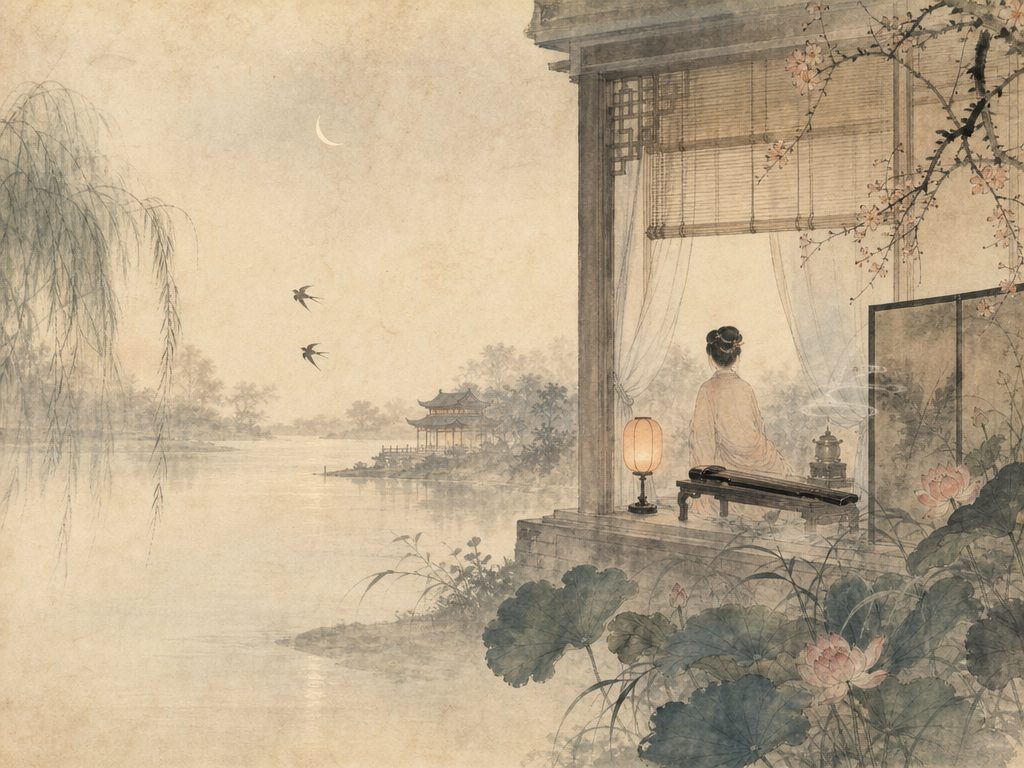 《薄幸》水墨写意背景插图：婉约柔美，琴、画堂、斜月、屏。