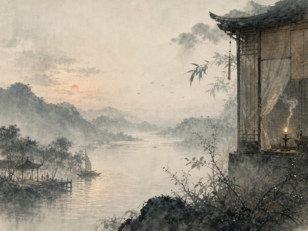 《伴云来・天香》水墨写意背景插图：离愁别绪，香、烟、山、黄昏。