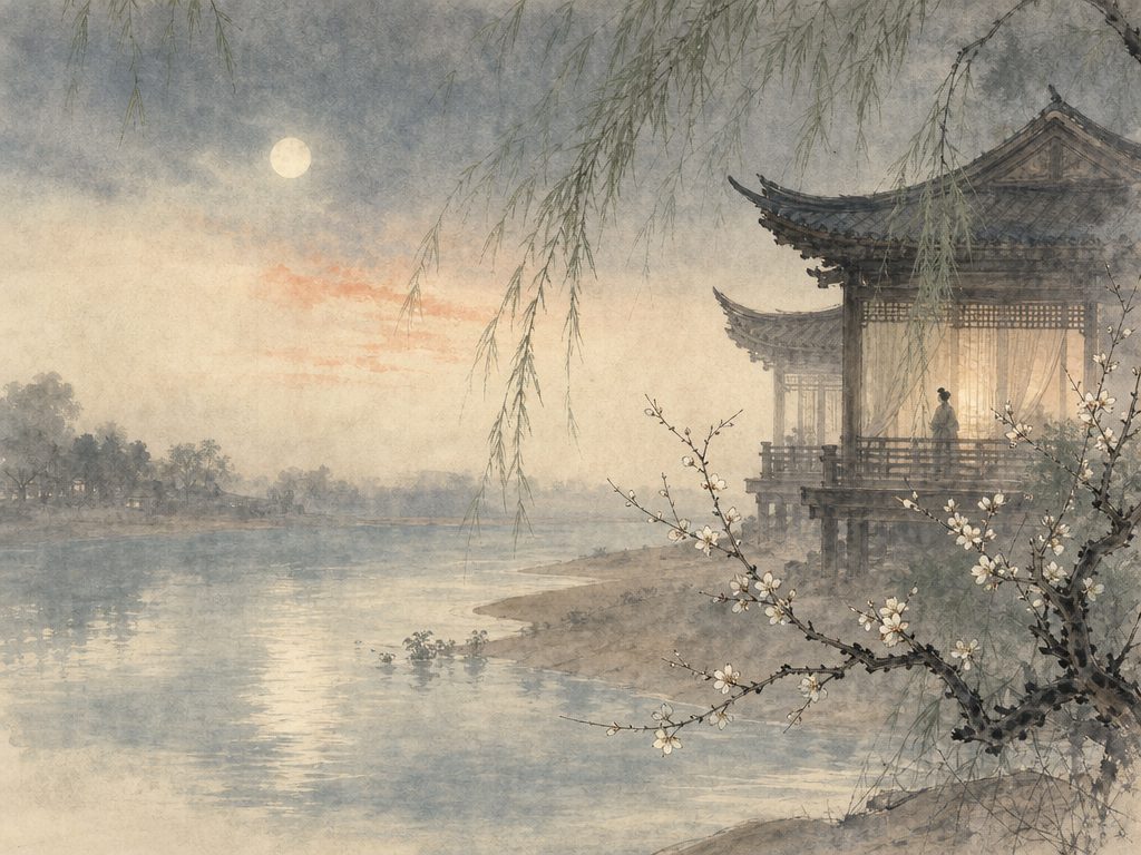 《减字浣溪沙・浣溪沙》水墨写意背景插图：婉约柔美，沙、溪、楼、角。