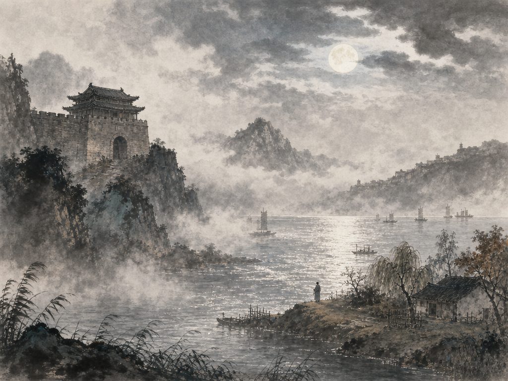 《天门谣》水墨写意背景插图：豪放壮阔，门、雾、月、潮。