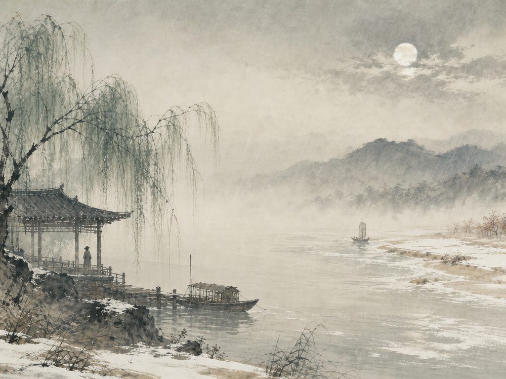 《石州引・石州慢》水墨写意背景插图：离愁别绪，雨、长亭、柳、烟。