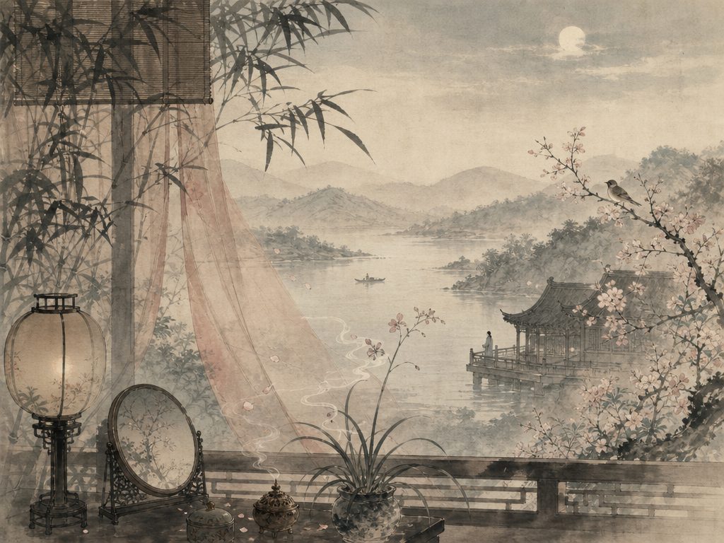 《望湘人》水墨写意背景插图：闺怨相思，莺、花、帘、竹。