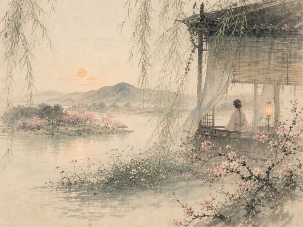 《蝶恋花》水墨写意背景插图：婉约柔美，杨柳、山、桃、花。