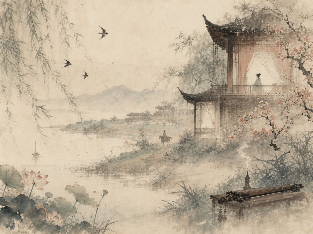 《绿头鸭・多丽》水墨写意背景插图：婉约柔美，画楼、风、箫、马。