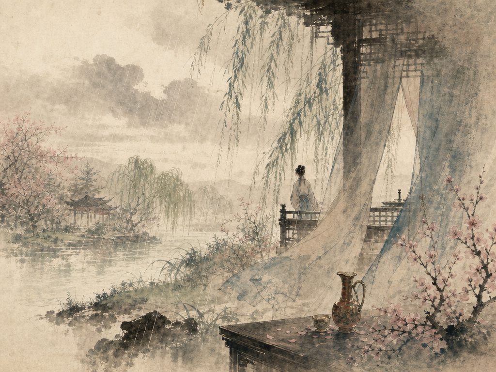 《水龙吟》水墨写意背景插图：婉约柔美，风、雨、园、垂柳。