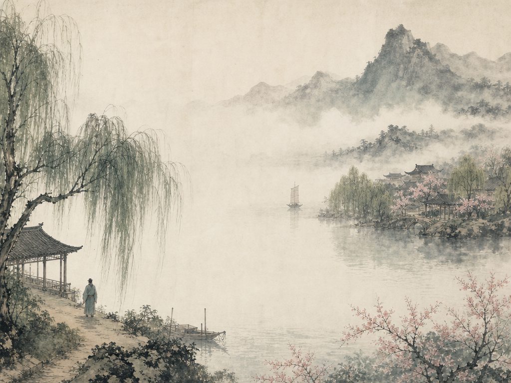 《忆少年》水墨写意背景插图：离愁别绪，柳、山、城、园。