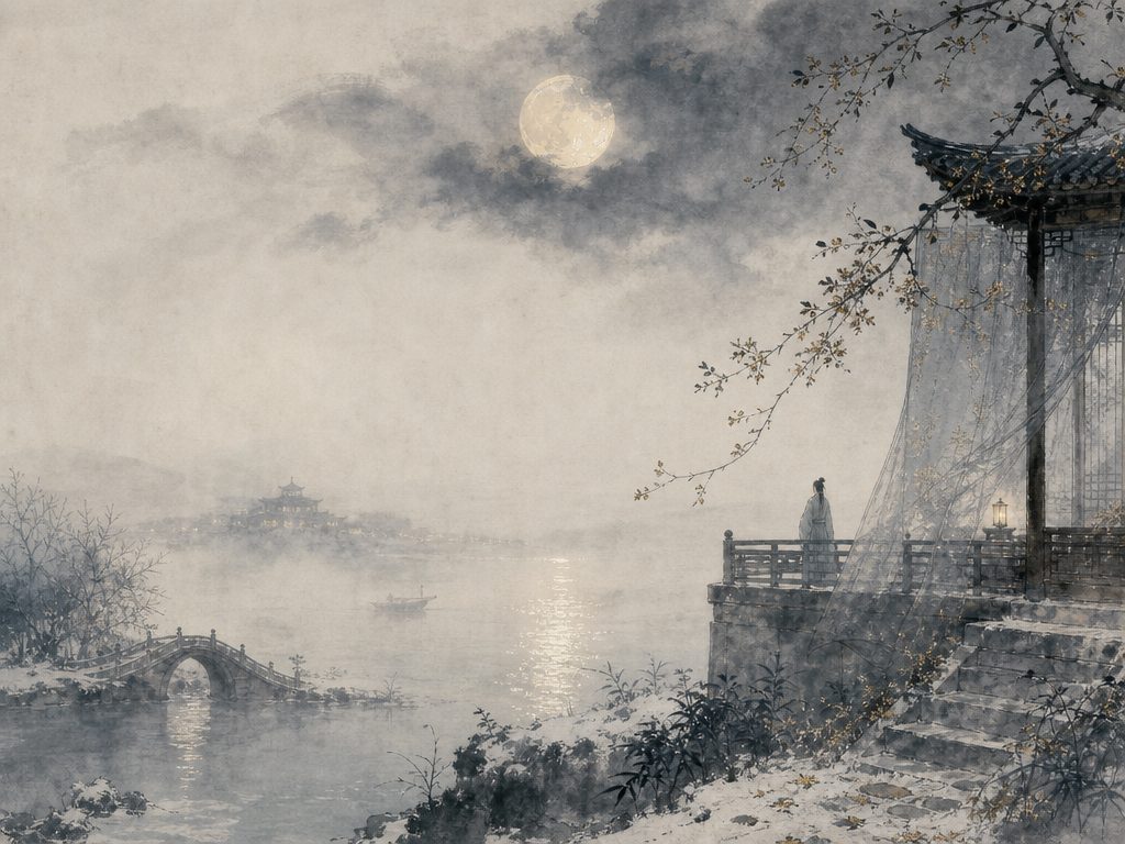 《洞仙歌》水墨写意背景插图：清冷孤寂，烟、海、镜、阶。