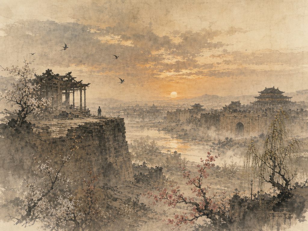 《瑞龙吟》水墨写意背景插图：怀古伤今，台、梅、花、桃。