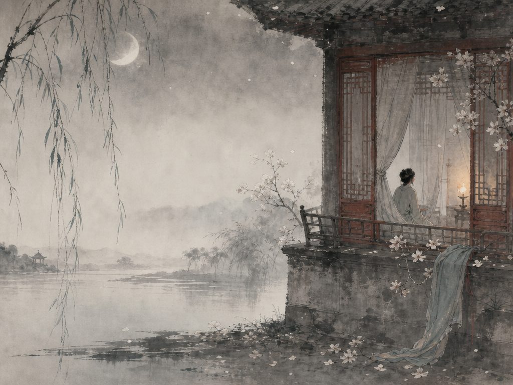 《锁窗寒・琐寒窗》水墨写意背景插图：清冷孤寂，窗、柳、衣、帘。