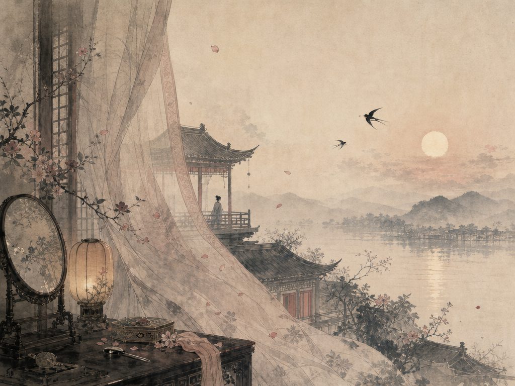 《风流子》水墨写意背景插图：闺怨相思，风、帘、斜阳、燕。