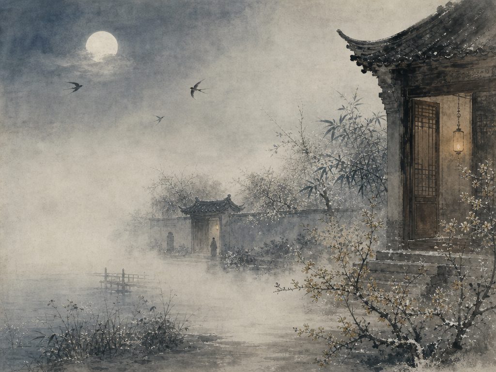 《应天长》水墨写意背景插图：清冷孤寂，风、雾、月、燕。