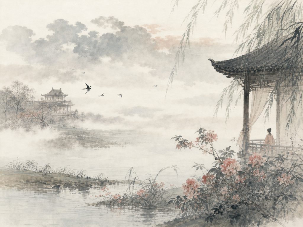 《解连环》水墨写意背景插图：婉约柔美，风、雨、雾、云。