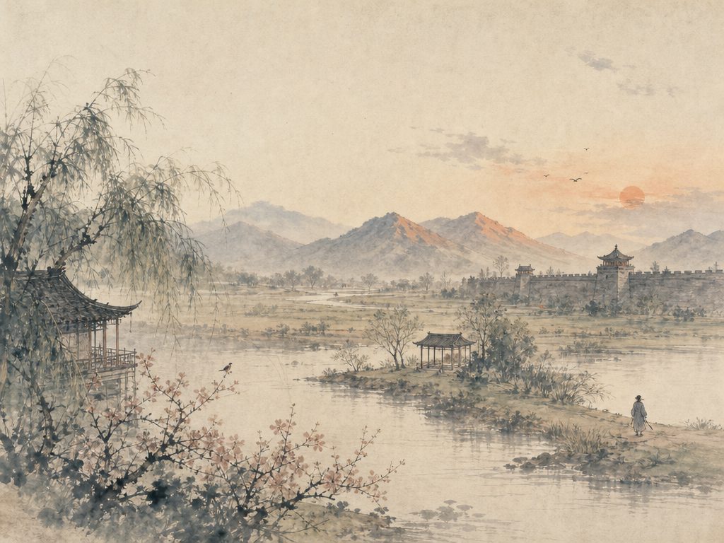 《瑞鹤仙》水墨写意背景插图：婉约柔美，原、斜阳、山、城。