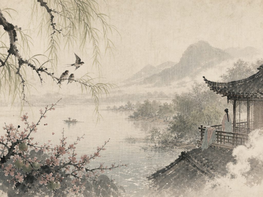 《满庭芳》水墨写意背景插图：婉约柔美，风、莺、雨、梅。