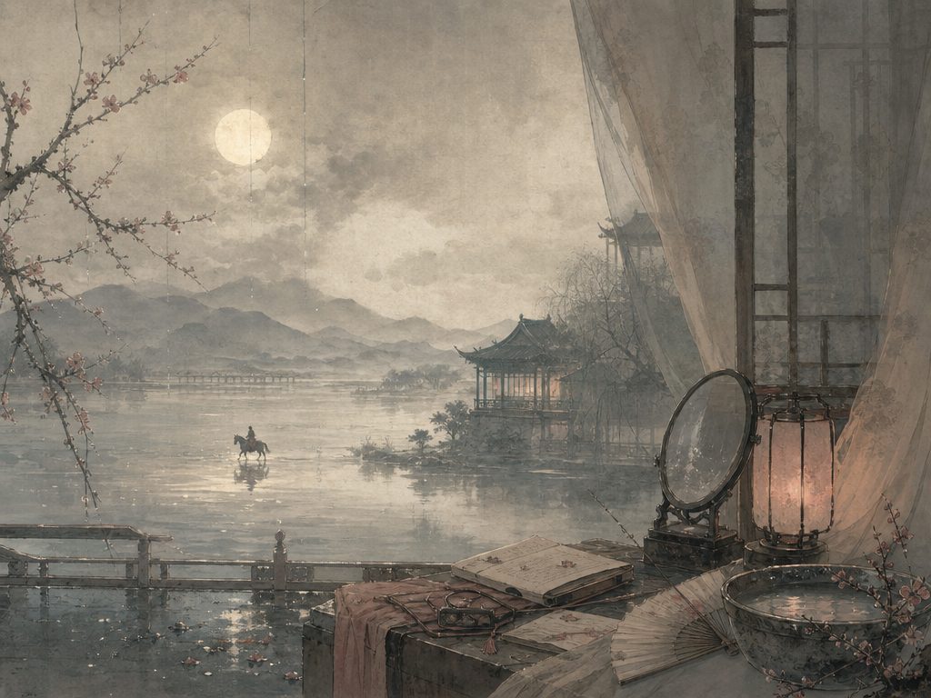 《过秦楼》水墨写意背景插图：闺怨相思，水、马、露、扇。