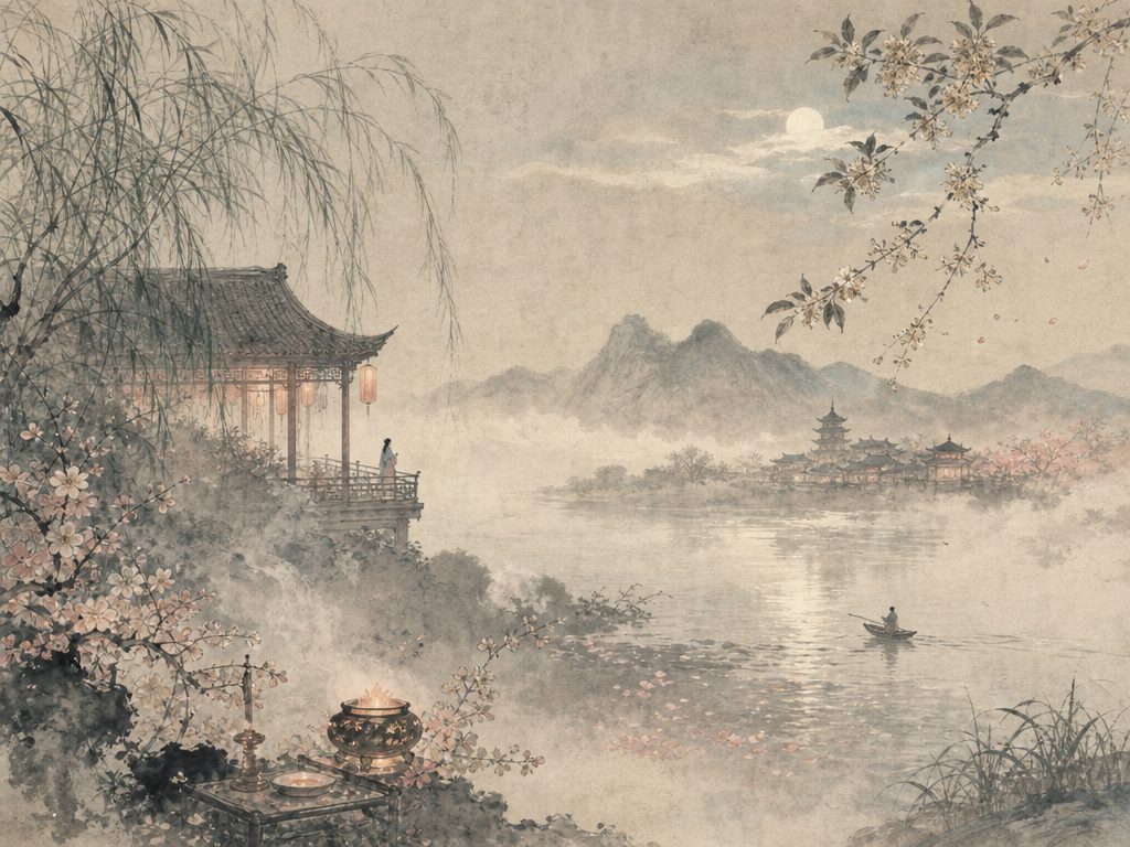 《解语花》水墨写意背景插图：婉约柔美，风、露、炉、花。