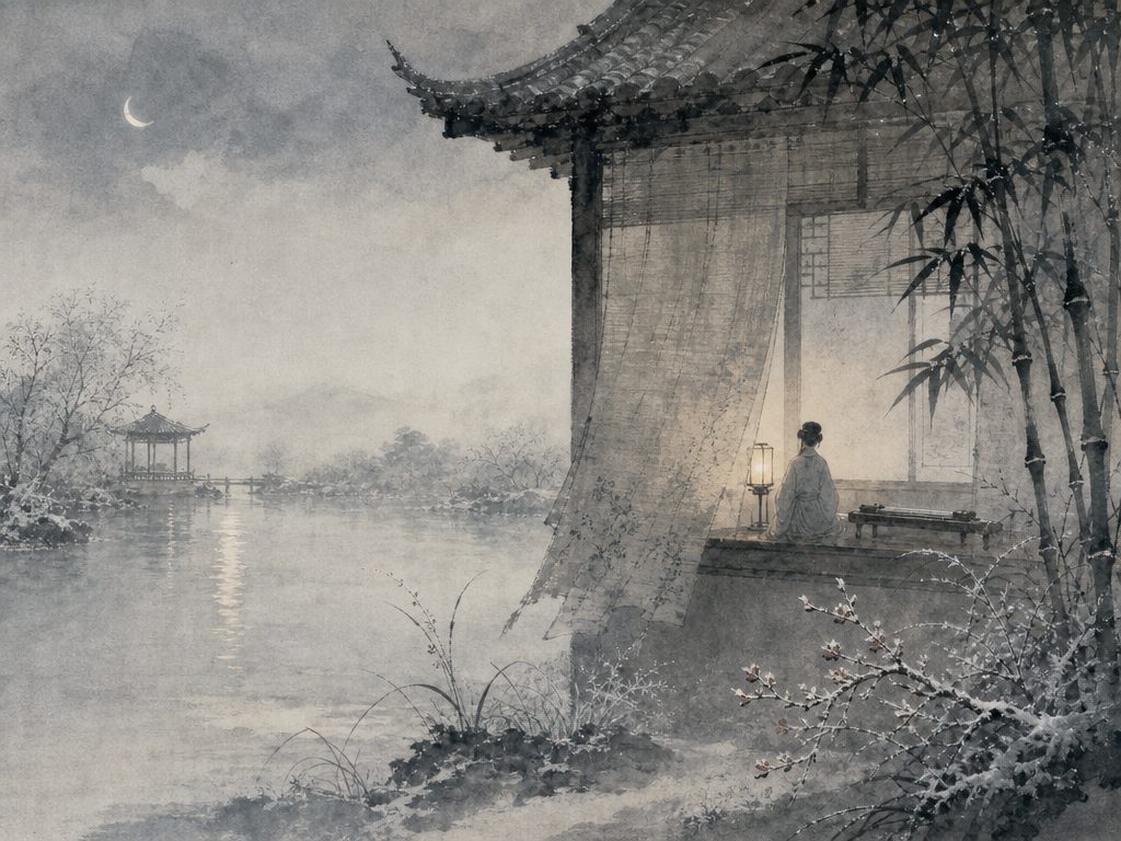 《大》水墨写意背景插图：清冷孤寂，烟、雨、霜、琴。