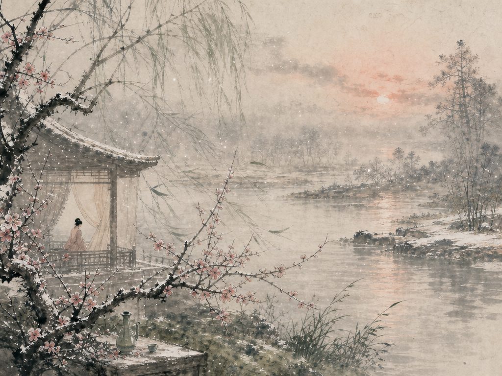 《花犯》水墨写意背景插图：婉约柔美，梅花、风、露、雪。