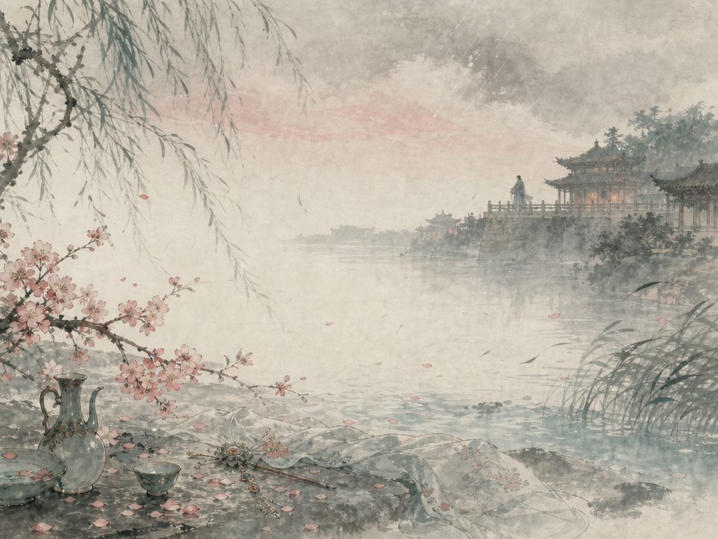 《六丑》水墨写意背景插图：婉约柔美，衣、酒、花、风。
