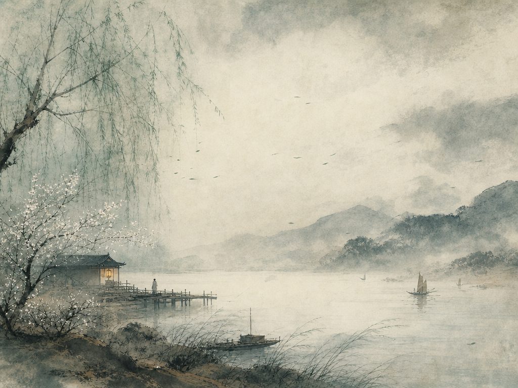 《兰陵王》水墨写意背景插图：离愁别绪，柳、烟、水、长亭。