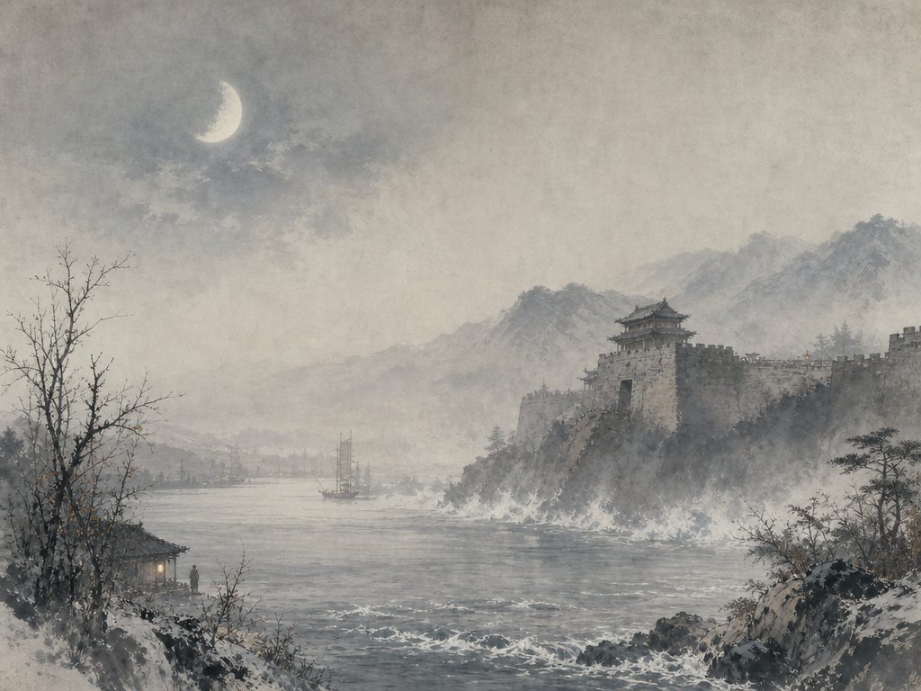 《西河》水墨写意背景插图：清冷孤寂，山、江、城、风。