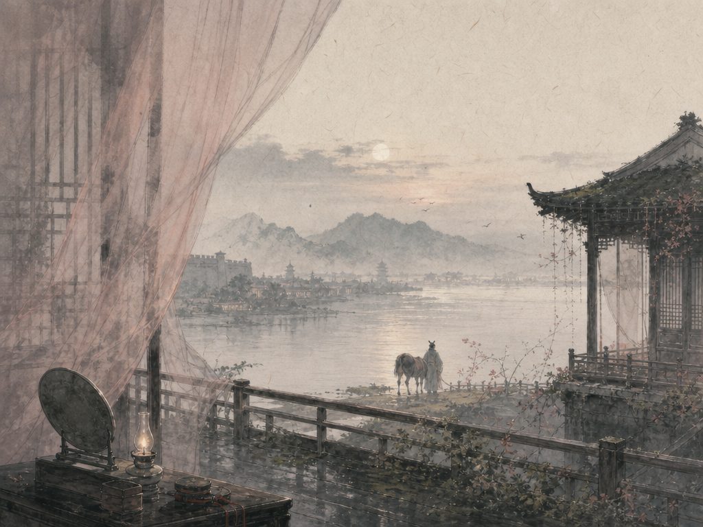 《绮寮怨》水墨写意背景插图：闺怨相思，马、晓风、水、亭。