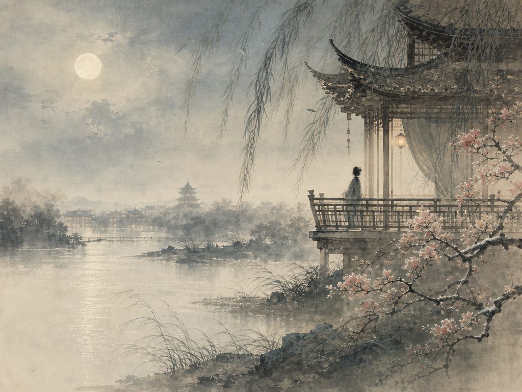 《蝶恋花》水墨写意背景插图：婉约柔美，月、更漏、花、霜。