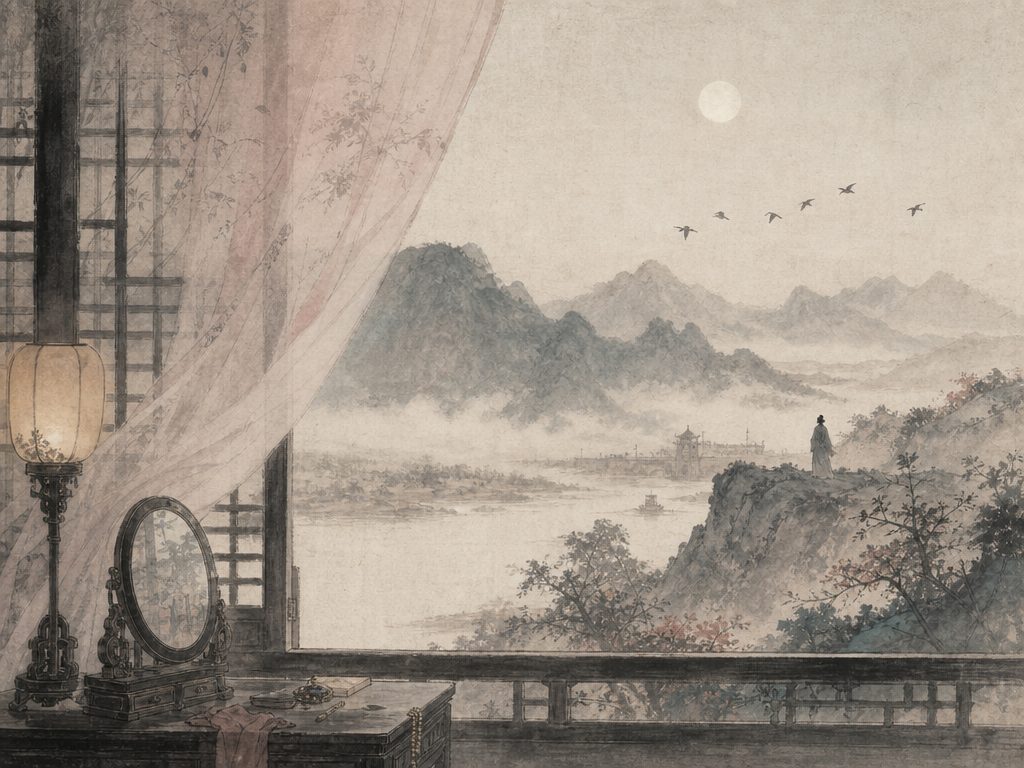 《生查子》水墨写意背景插图：闺怨相思，关山、雁、书、纱窗。