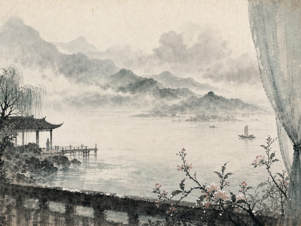 《惜分飞》水墨写意背景插图：离愁别绪，阑干、花、露、峰。