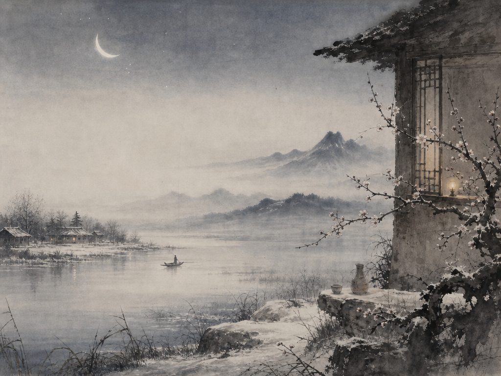 《点绛唇》水墨写意背景插图：清冷孤寂，新月、江、山、梅。