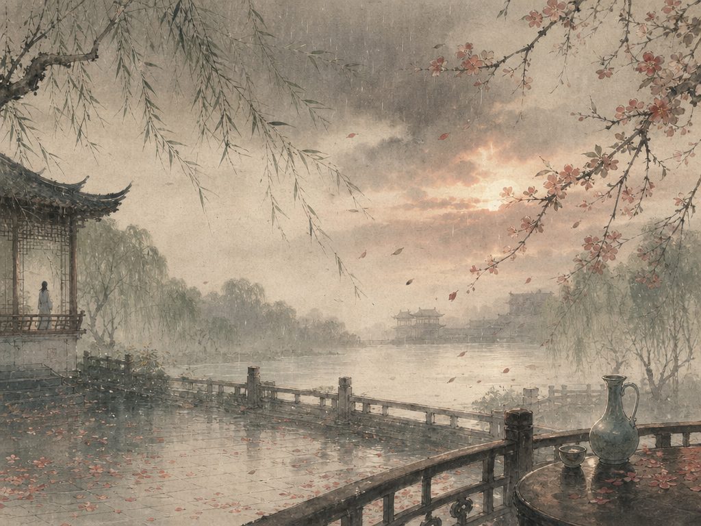 《虞美人》水墨写意背景插图：婉约柔美，落花、风、黄昏、雨。