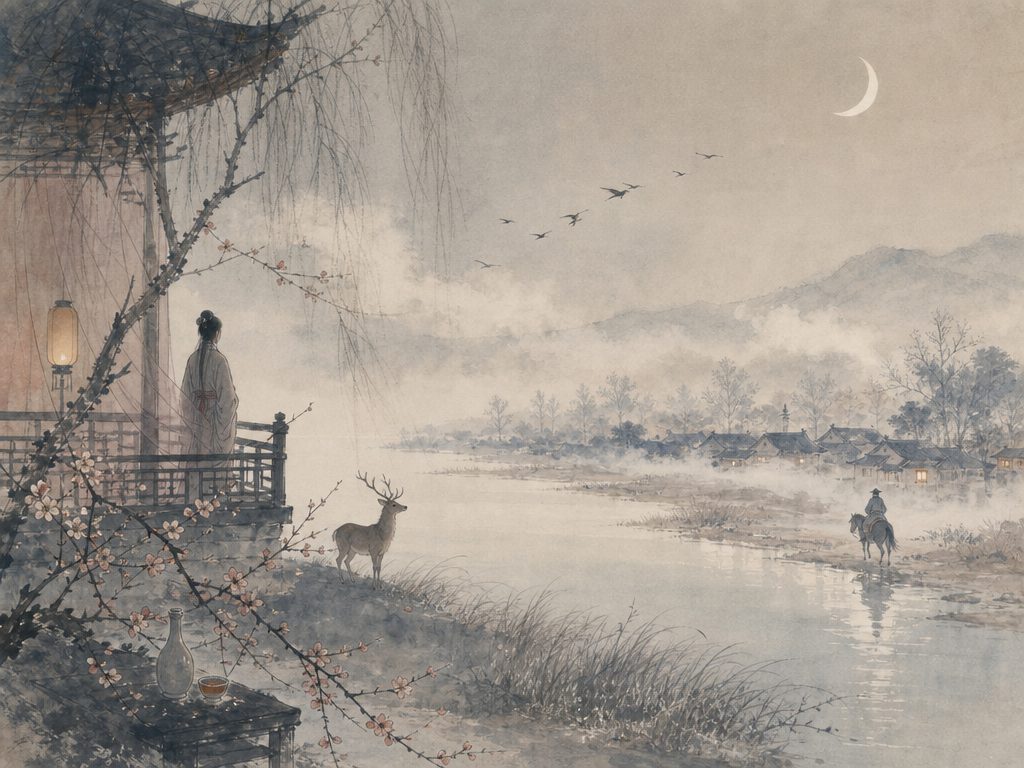 《喜迁莺》水墨写意背景插图：婉约柔美，角、鸟、烟、村。