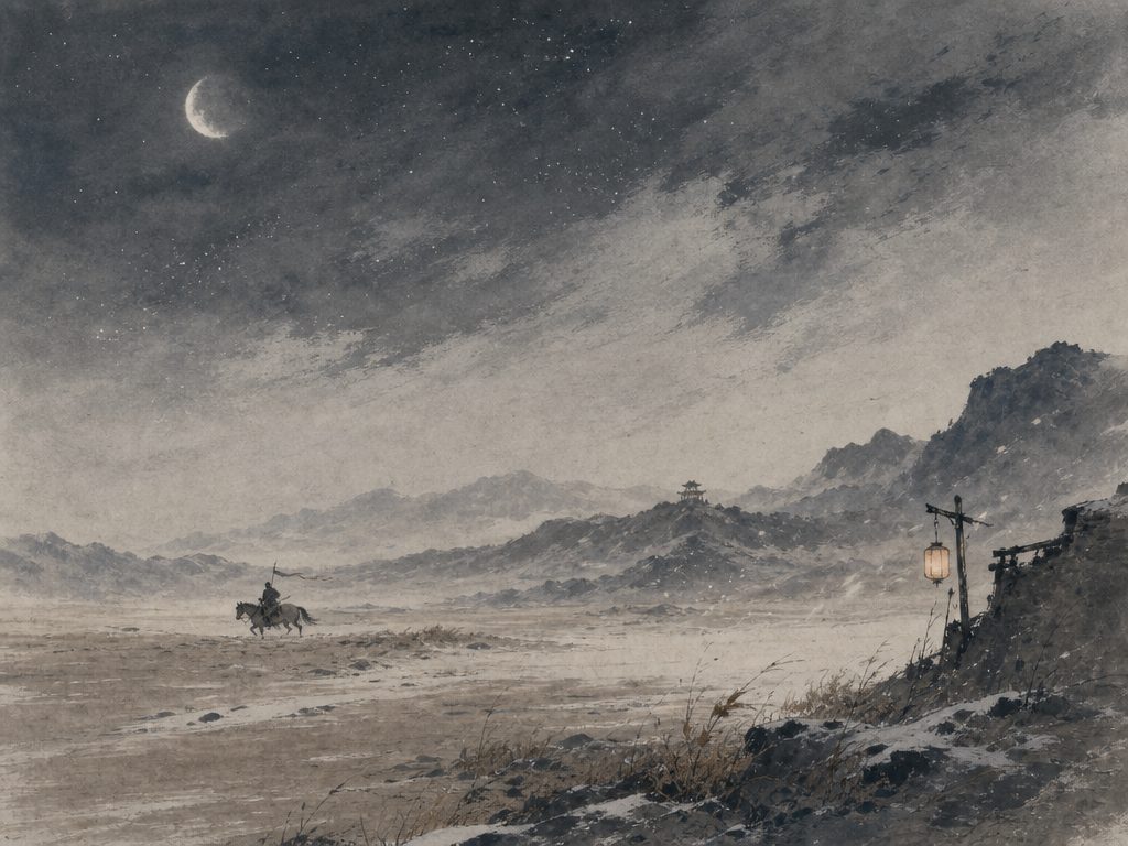 《青门饮》水墨写意背景插图：清冷孤寂，马、风、雪、云。